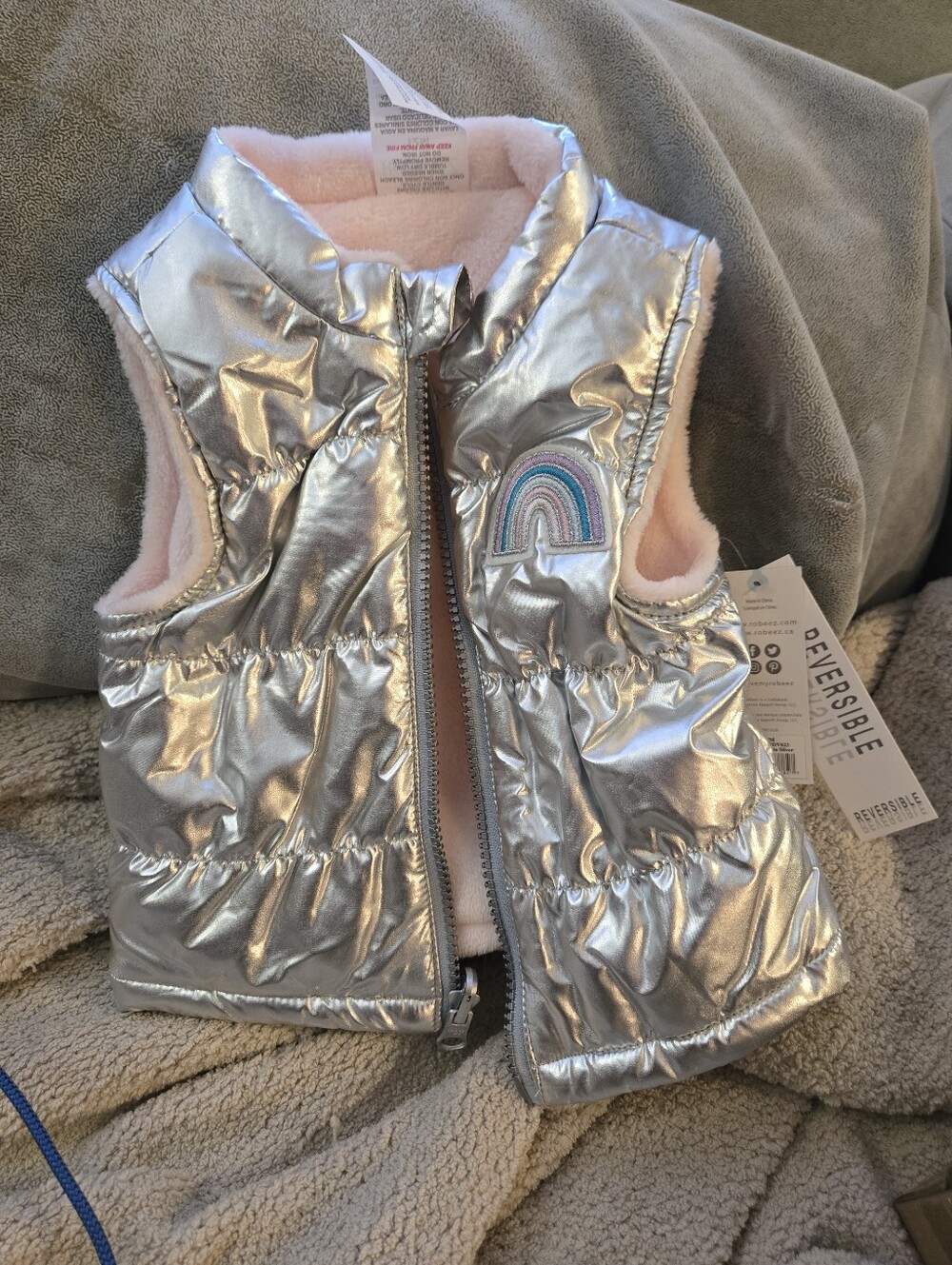 Robeez Silver Puffer Vest (Reversible To Light Pink) with Pastel Rainbow Patch